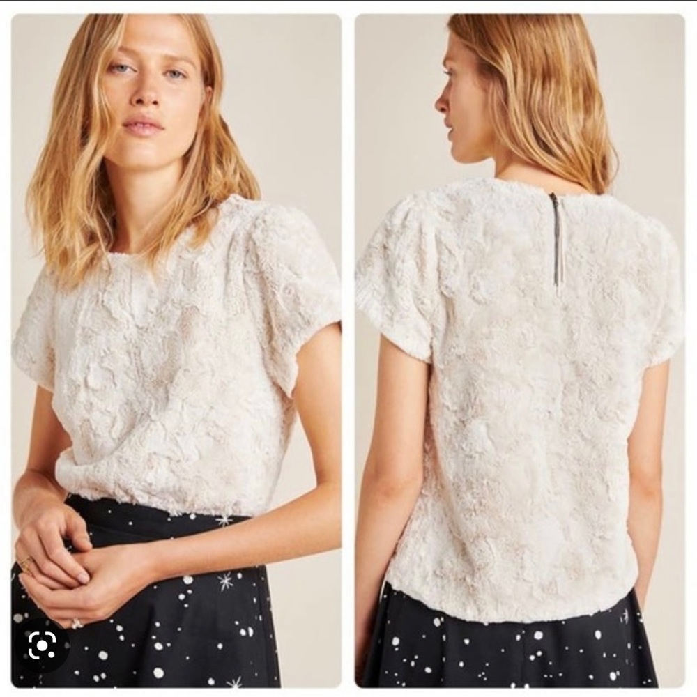 Anthropologie Faux Fur Ivory Short Sleeve Top